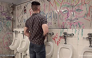 Femdom pegging man in public toilet