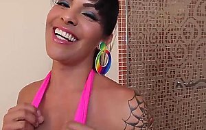 Brunette tgirl plays with cock and toy