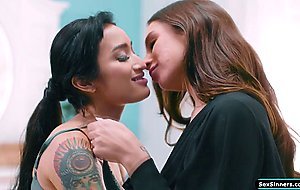 Busty lesbian licks asian gfs shaved pussy during open house