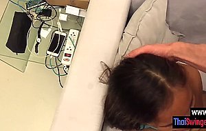 Petite Asian teen masturbate while sucking perverted boyfriends big cock