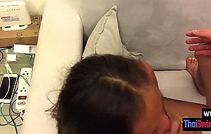 Petite Asian teen masturbate while sucking perverted boyfriends big cock
