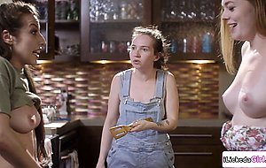 Hairy brunette babe licks n fingers big tits lesbian client