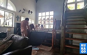 3 wet and soapy whores each gets a turn to get fucked in STANDING DOGGYSTYLE by 1 cock , mixed race