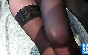 cumming on beautiful nylon slut's legs