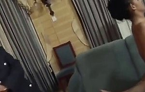 Powerful old man with three flight attendants