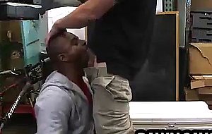 Ebony hunk sucks on a intense cock at the pawn shop