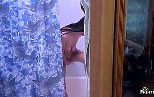 Stepson spies on his stepmom in the shower, stepmother suck two dicks, creampie in