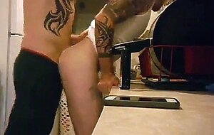 Tattooed Muscle Hunk Barebacks his Boy after Work