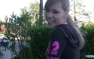 A blonde exhibitionist with small tits loves fucking in public places