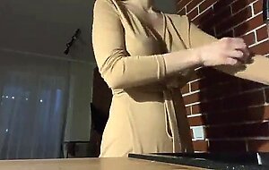 Sex in the kitchen. while it's night outside, you fuck my tight pussy in the kitchen