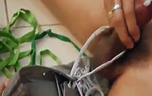 Horny thai boy jerking with his shoe and oily cock