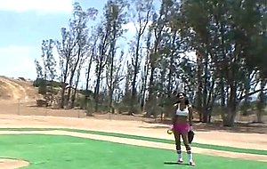 Big titty brunette teen on a baseball diamond outdoors