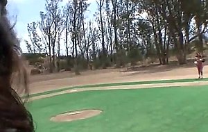 Big titty brunette teen on a baseball diamond outdoors