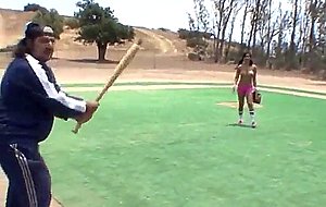 Big titty brunette teen on a baseball diamond outdoors
