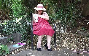 Aunt Judy's - 50yo Busty BBW Rachel lotions-up her BIG NATURAL TITS OUTDOORS