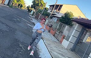 After a bath, redhead milf gets cream on her face and goes out for a run all cummed up!