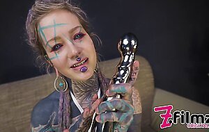 TATTOO girl masturbating with BIG STEEL TOY, ANAL gapes, prolapse, alternative, goth, teen