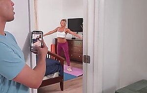Fit athletic milf catches stepson jerking off and rides him hard