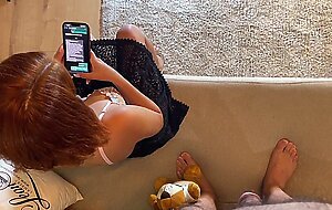 Flaccid Dick Control and Precum Milking from New Hot Cute Redhead Petite Wife while She is on Phone
