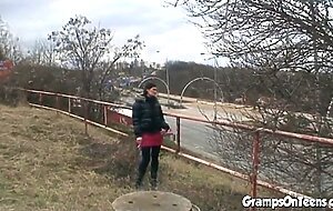 Smoking teen and old dick get it on outside