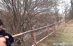 Smoking teen and old dick get it on outside