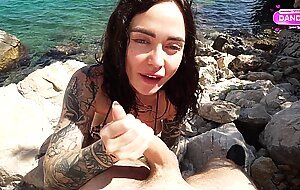 Risky beach fuck after sloppy blowjob -- covered Her tits in cum