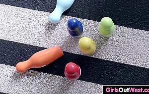 Busty lesbian girls lick and toy pussies