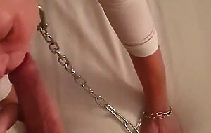 Milf in leather skirt chained up gets anal and facial