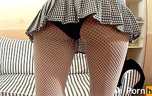 Brunette teen with fishnet stockings gets her pussy and asshole pumped