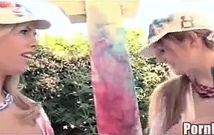 Teen Rita & Tara finger paint on dudes cock!