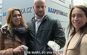 Amazing busty teen and her bf gets money for public sex