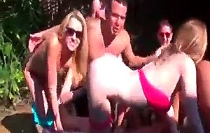 Drunk sluts lick cunts and suck dicks at a pool orgy