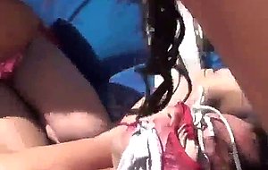 Drunken party girls sharing one dick outdoors by pool