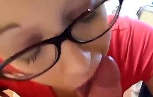 Nerd teen pumping his dick with her mouth