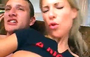 Blonde young babe double fuck on couch