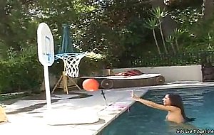 Blonde Nikki gets fingered by Lela outdoor in the pool