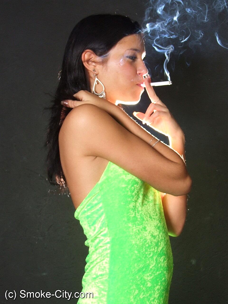 Dark Haired Teen Wears A Lime Dress And Pointy Heels While Smoking Amateur, Smoking, Teen