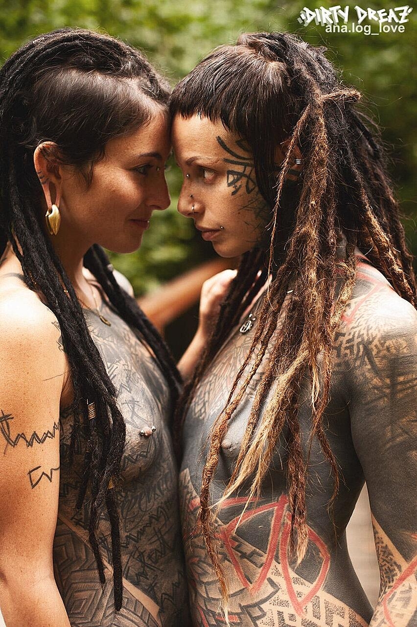 Heavily Tattooed Lesbians Hold Each Other While Totally Naked On A Bridge Fetish, Humping, Outdoor, Piercing, Tattoo