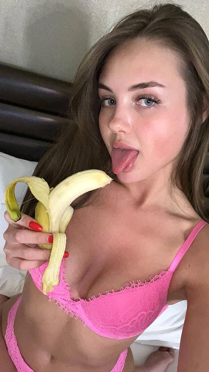 Saucy Teen Vi Angel Poses In Her Pink Lingerie While Eating A Banana Amateur, Beautiful, Glamour, Model, Sexy