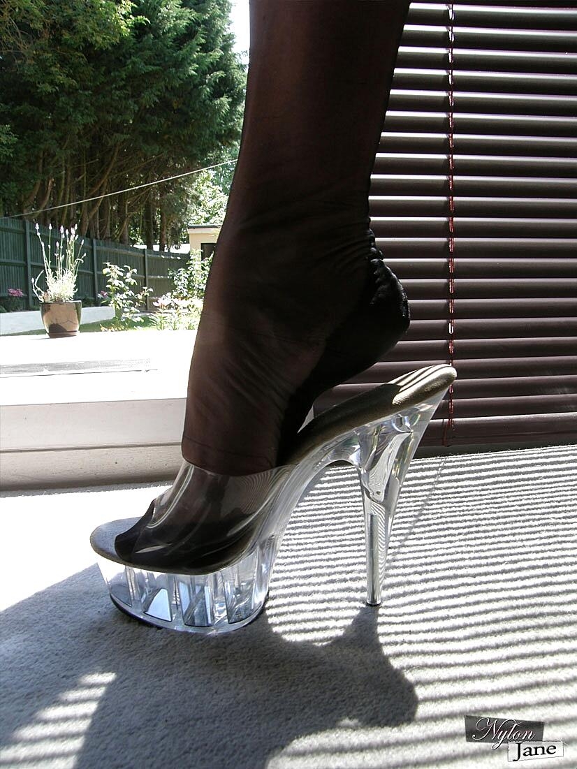 Mature Woman Nylon Jane Slips Her Nylon Adorned Feet Into Acrylic High Heels Fetish, Lingerie, Mature, Panties, Stockings