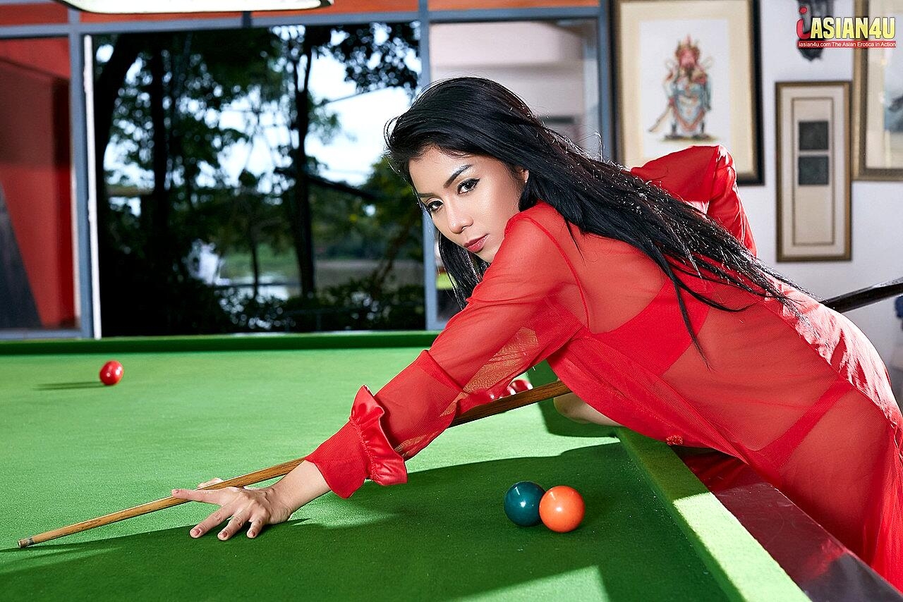 Beautiful Asian girl Aliyah gets naked on top of a snooker table