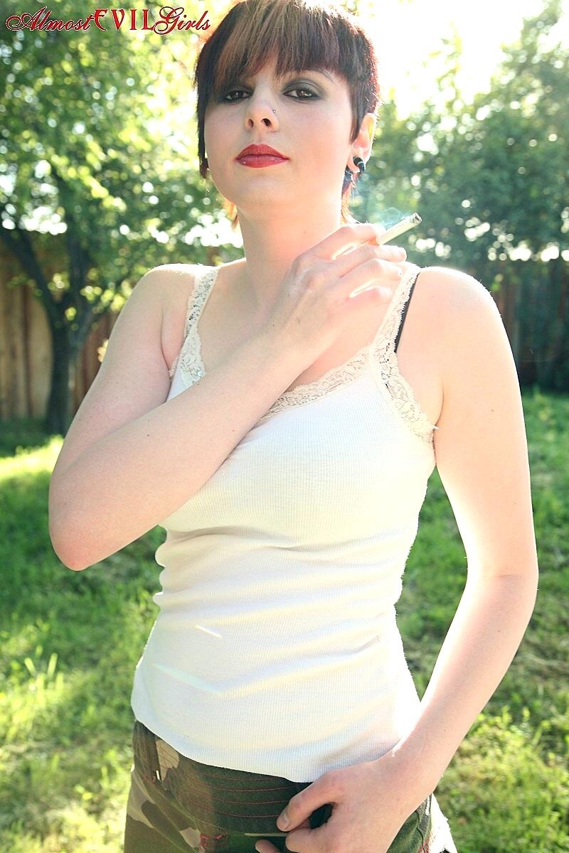 Short Haired Girl Morna Flashes Tits And Twat While Smoking In Backyard Clothed, Fetish, Outdoor, Short-Hair, Smoking